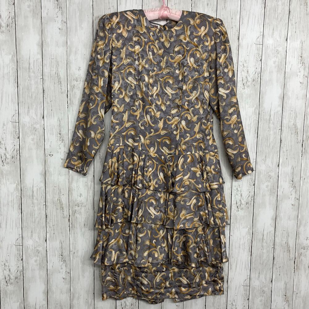 Maggy London Jeannene Booher Silk Long Sleeve Ruffle Fancy 80s Vintage Dress 10